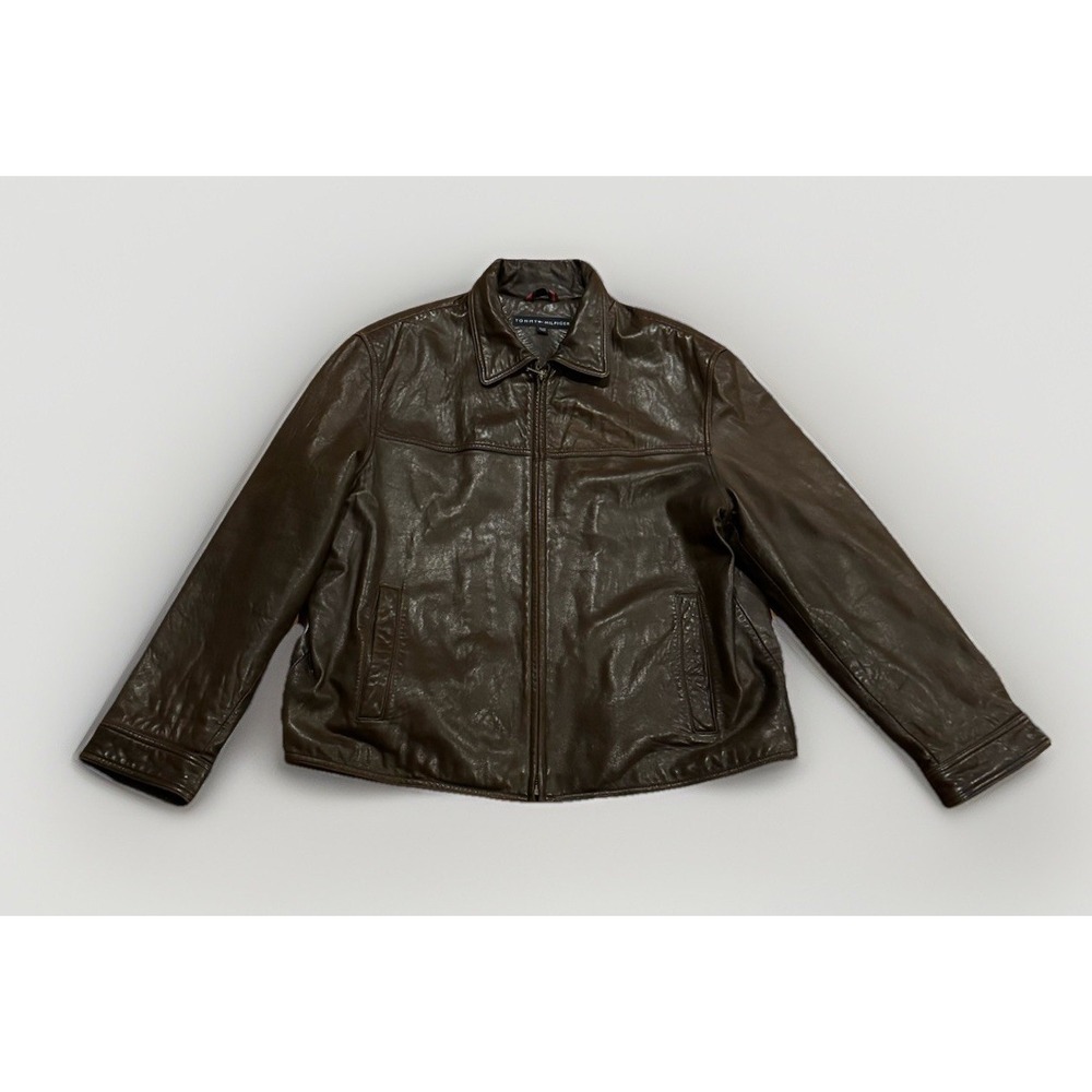 Vintage Tommy Hilfiger Soft Brown Leather Bomber Jacket XL Herringbone Lined Y2K